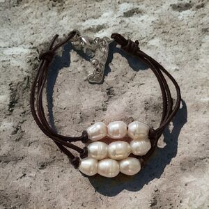 Fresh Water Pearl Bracelet Corded Brown Multi Strand‎ Coastal Beach Adjustable.
